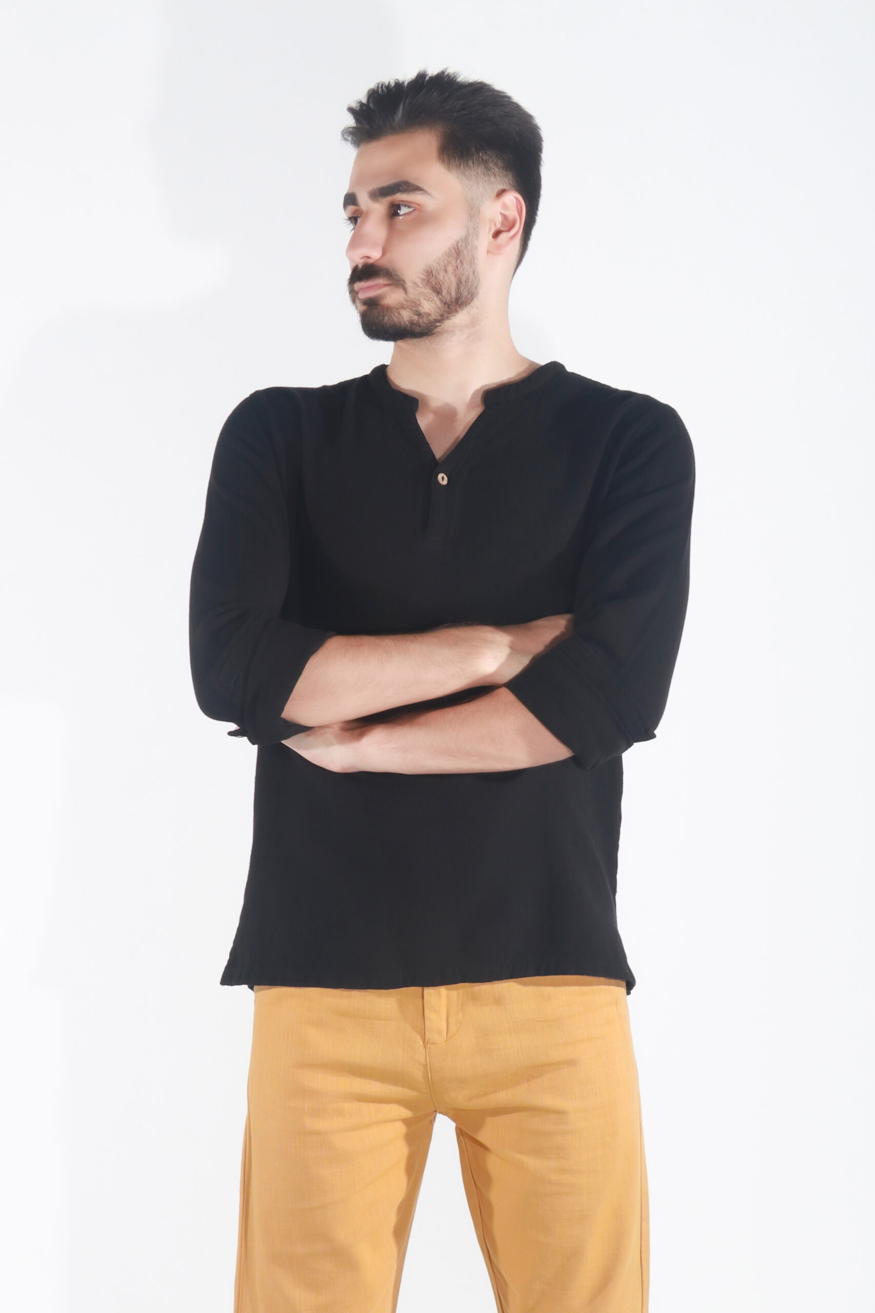 پیراهن لینن آستین بلند یقه کوبایی